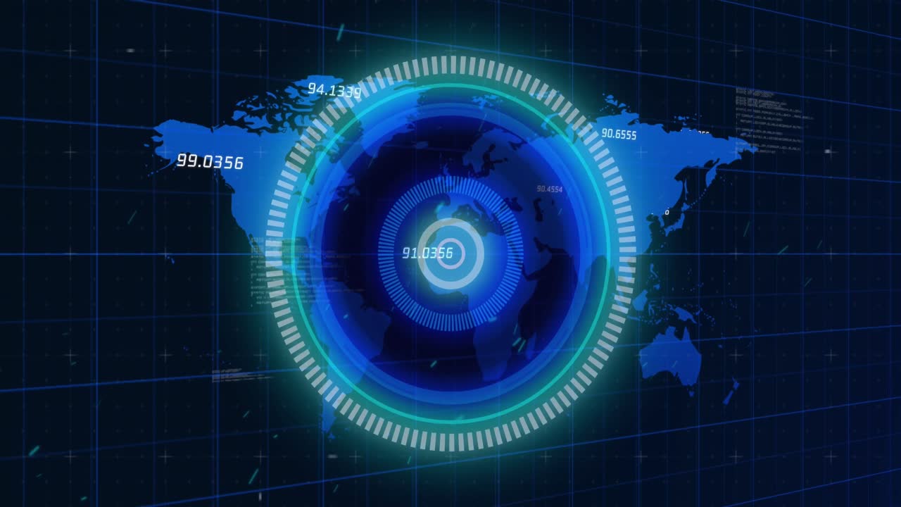 Animation of scope, numbers, world map and data processing