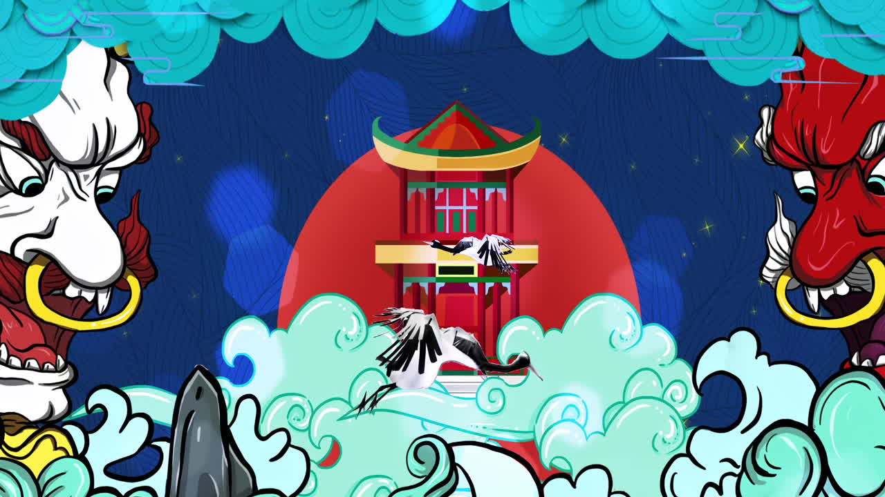 Mysterious landscape China's traditional Oriental Digital Art animation, Chinese retro painting ink misty mountain with flowers, tree, birds, river in fog background