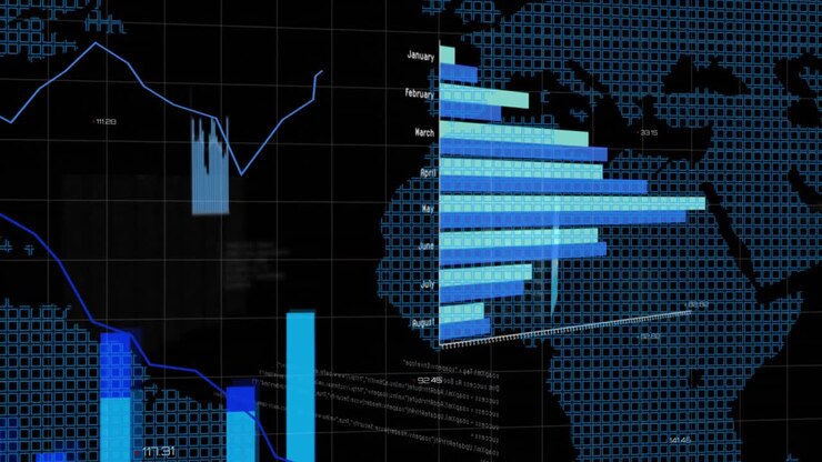 Animation of financial graphs and data over world map on black background