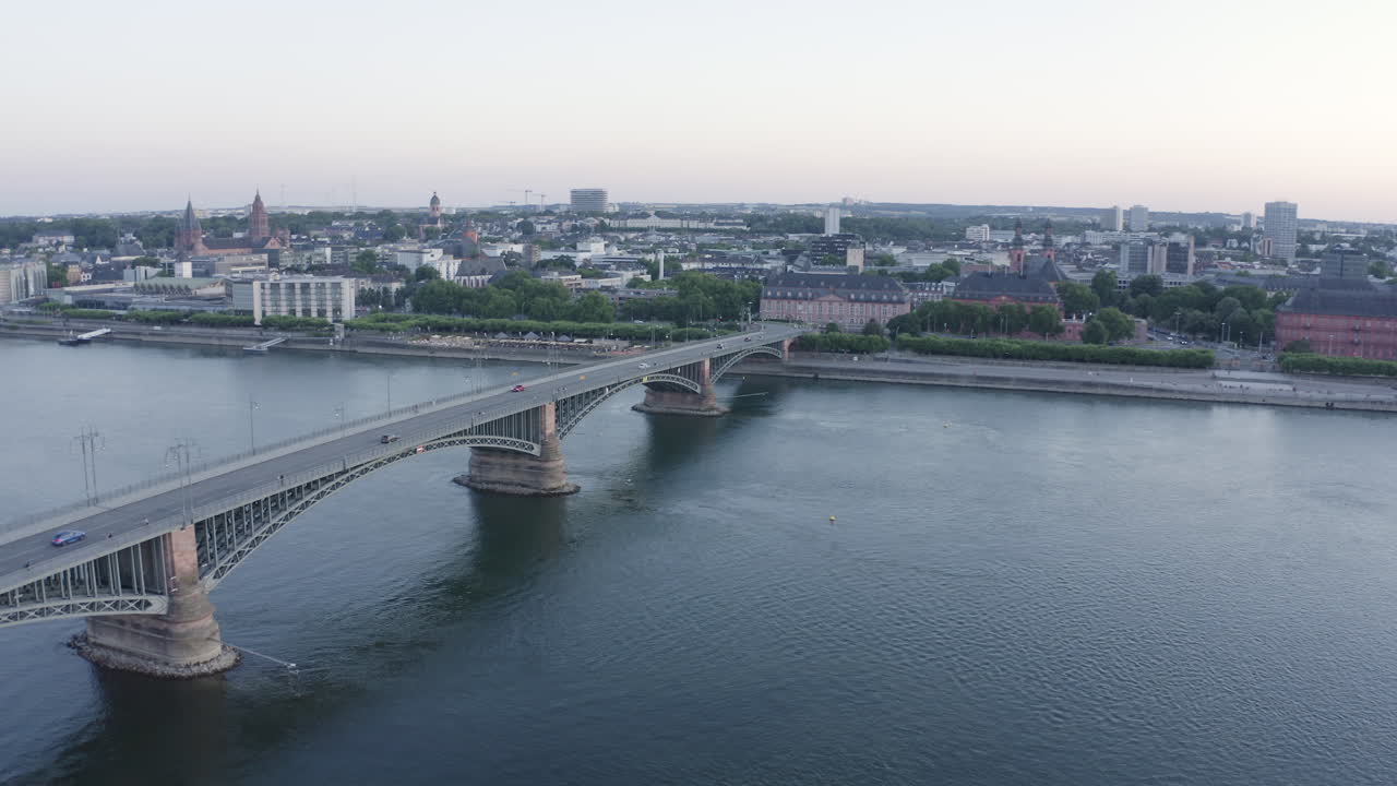 Aerial circling Drone View of Mainz dom, Landtag, castle river rhine and Cityscape at Sunset Germany 4k panorama