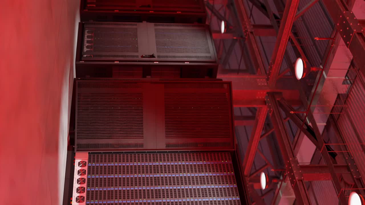centro de datos bajo ataque cibernético con luces rojas intermitentes, video vertical