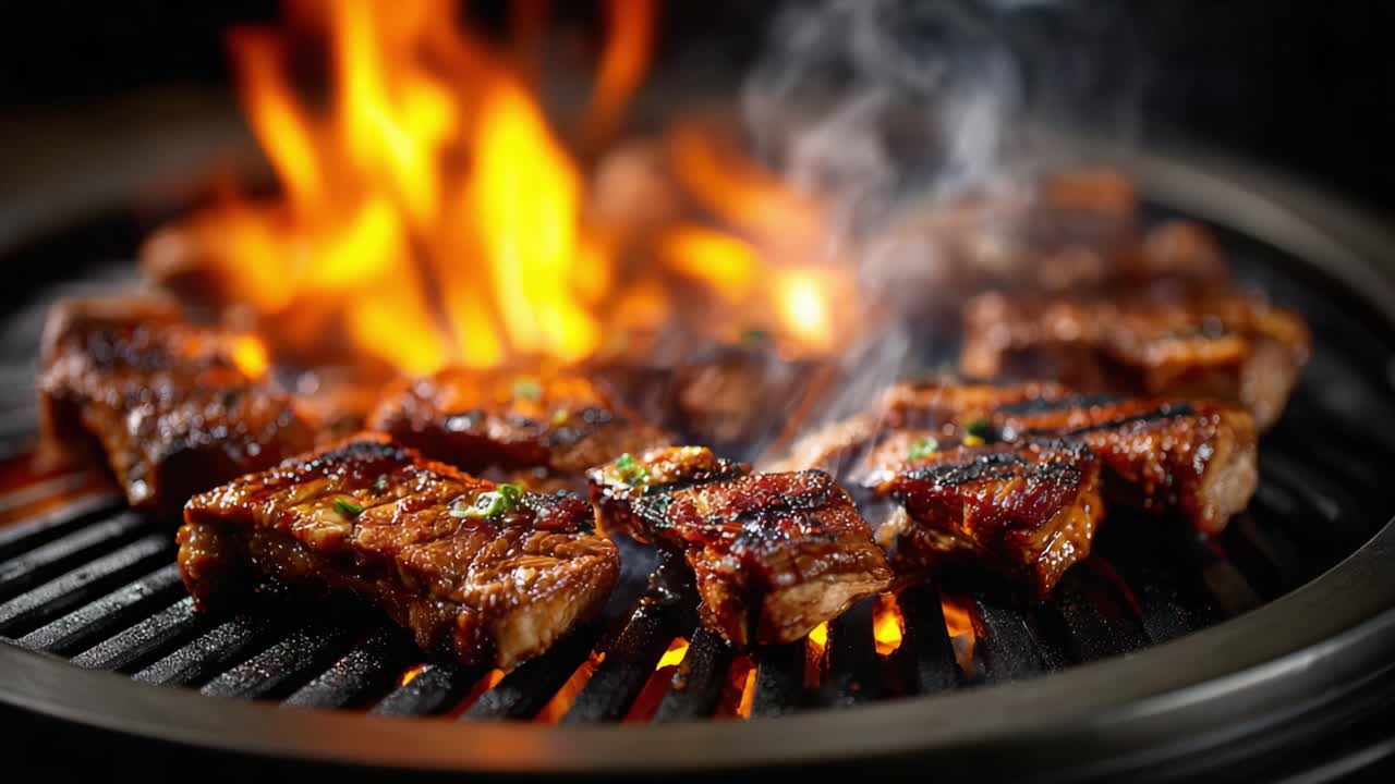 Carne sfrigolante alla griglia su fiamme di carbone: una delizia da far venire l'acquolina in bocca, con succulente bistecche cucinate alla perfezione sul fuoco del barbecue.