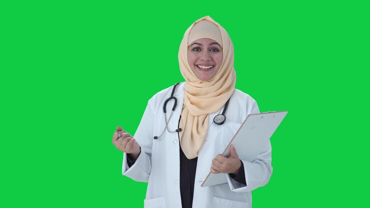 médico musulmán feliz hablando con el paciente pantalla verde