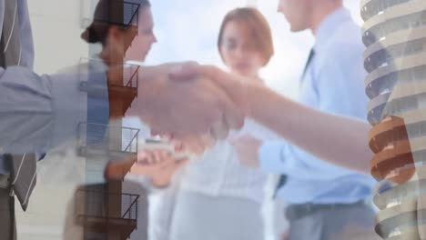 animation of businessman handshake over cityscape