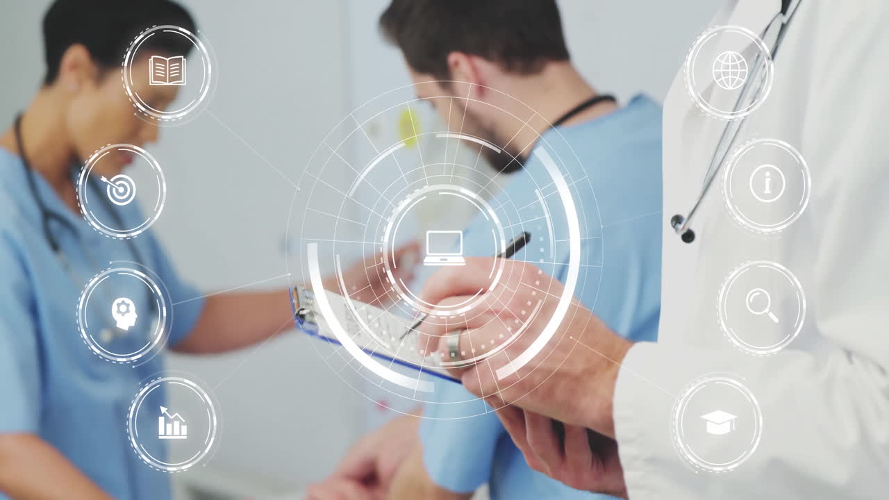 Reviewing data with digital interface, medical professionals analyzing animation icons