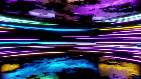 light stripes moving fast over dark background and are reflected in the floor