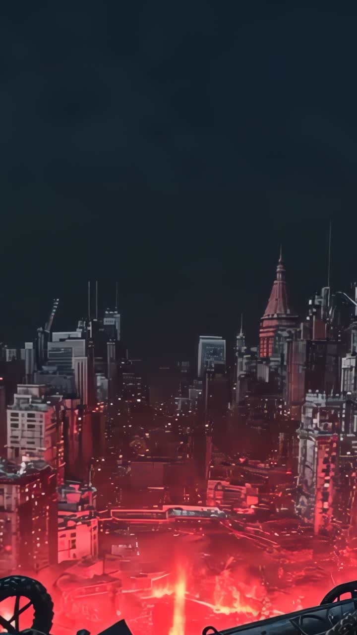 Vertical video: Opening shot revealing futuristic city skyline with pulsing red fissure at rooftop