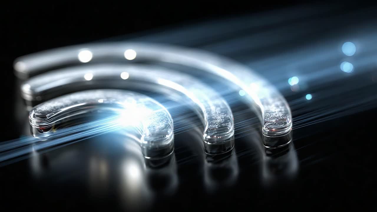 Illuminated Connection: A Visual Representation of Wireless Signal Waves Crafted in Transparent Light Glass, Emphasizing Modern Technology and Communication Dynamics