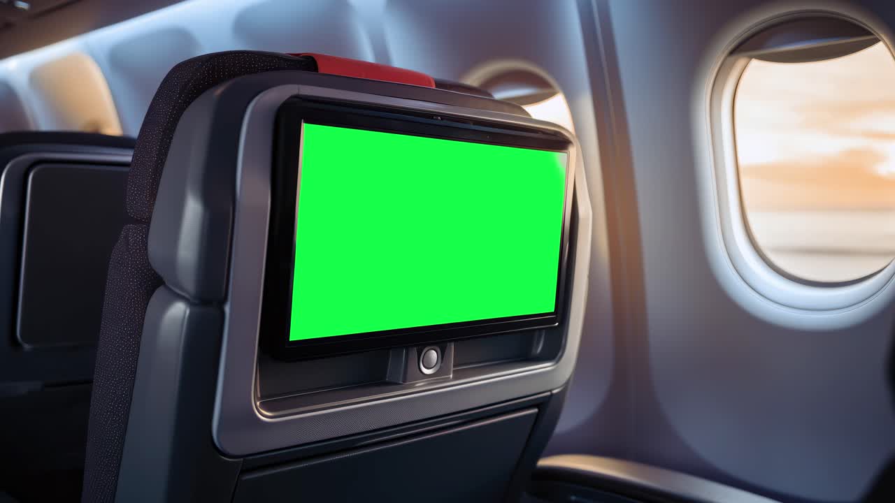 Airplane entertainment system, digital screen live mockup animation, transparent 4K video, green