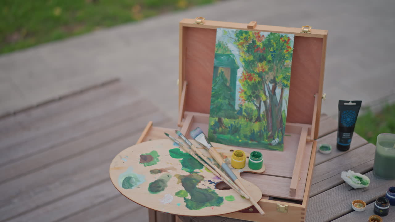 Tavolo in un parco al mattino con colori disposti su una panchina di legno, primo piano della palette, tubetti, barattolo d'acqua, pennelli e piccola area di lavoro con schizzo di un albero, sfondo verde tranquillo e delicato naturale