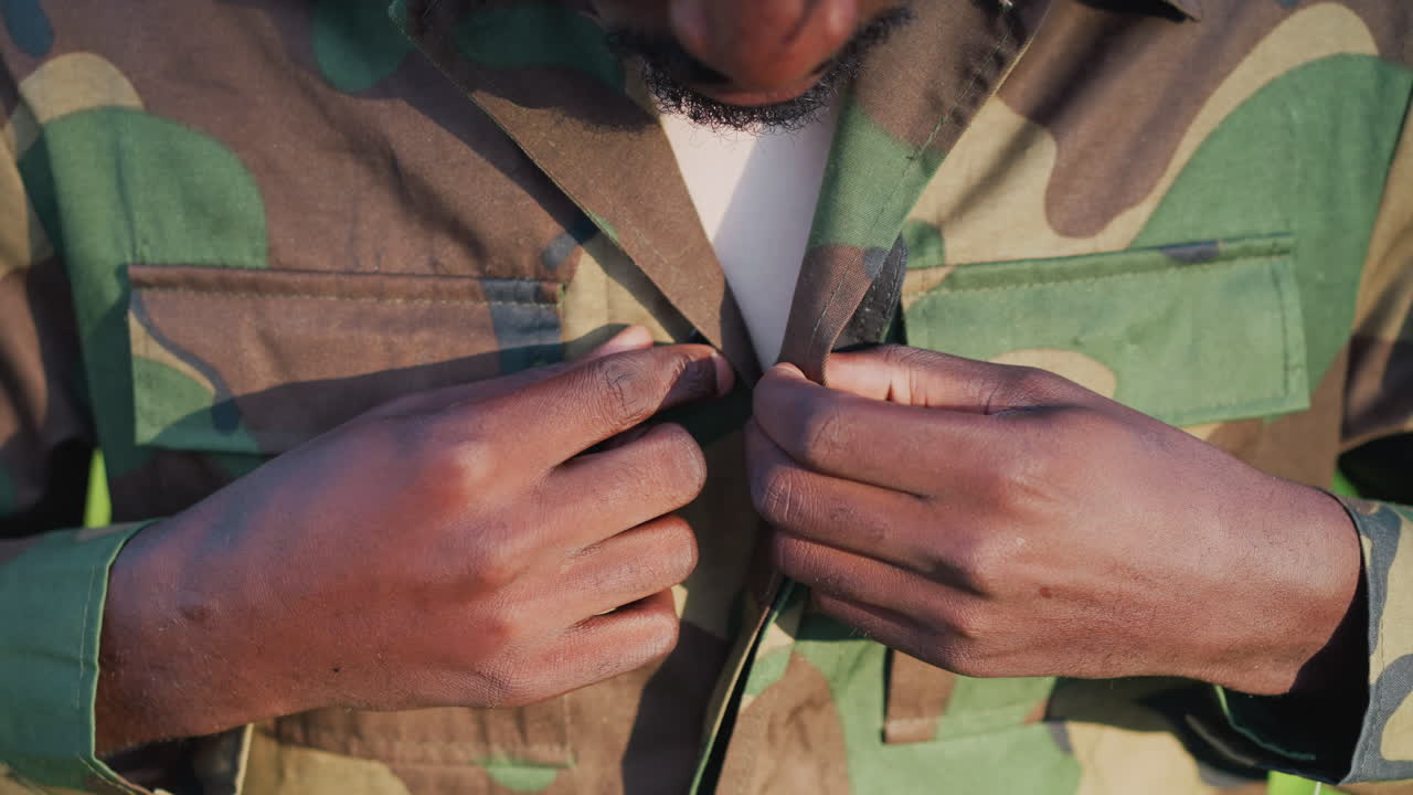 Guard Maintains Composure, Serene Protector With Secure Attire In Peaceful Outdoor Setting, Calm Uniformed Officer Focusing On Safeguarding While Adjusting His Protective Jacket In Open Surroundings