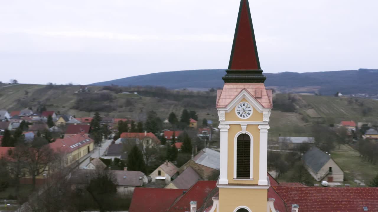 Drone footage from a church in Mor, HungaryDrone flies around the tower