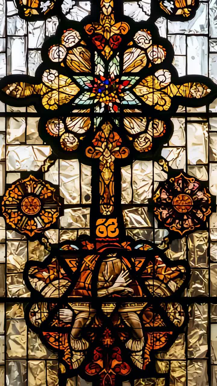 Vertical video: Tilting camera framing glass in church to reveal rosette cross robed figure