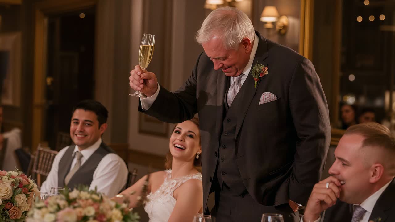 Standing man in dark suit raising flute addressing head table lowering flute toasting couple