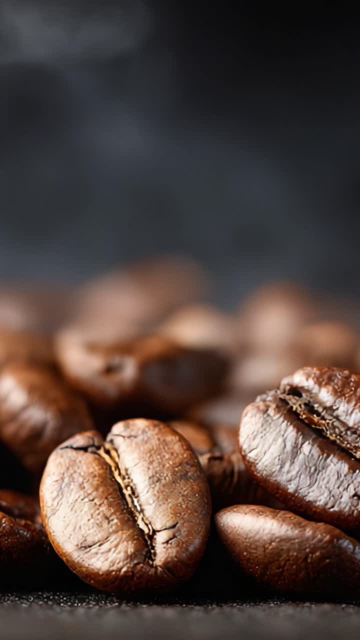 Aromatiske kaffebønner i nærbillede: Fængslende billeder, der fremhæver den rige tekstur og dybe aroma af friskristede bønner med et strejf af damp.