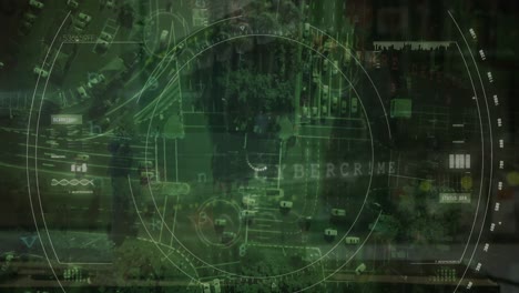 animación de advertencia de ataque cibernético y procesamiento de datos con escaneo de alcance sobre el paisaje urbano