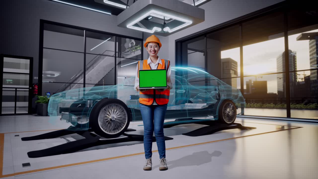 ingeniera con una computadora portátil que muestra el diseño del coche