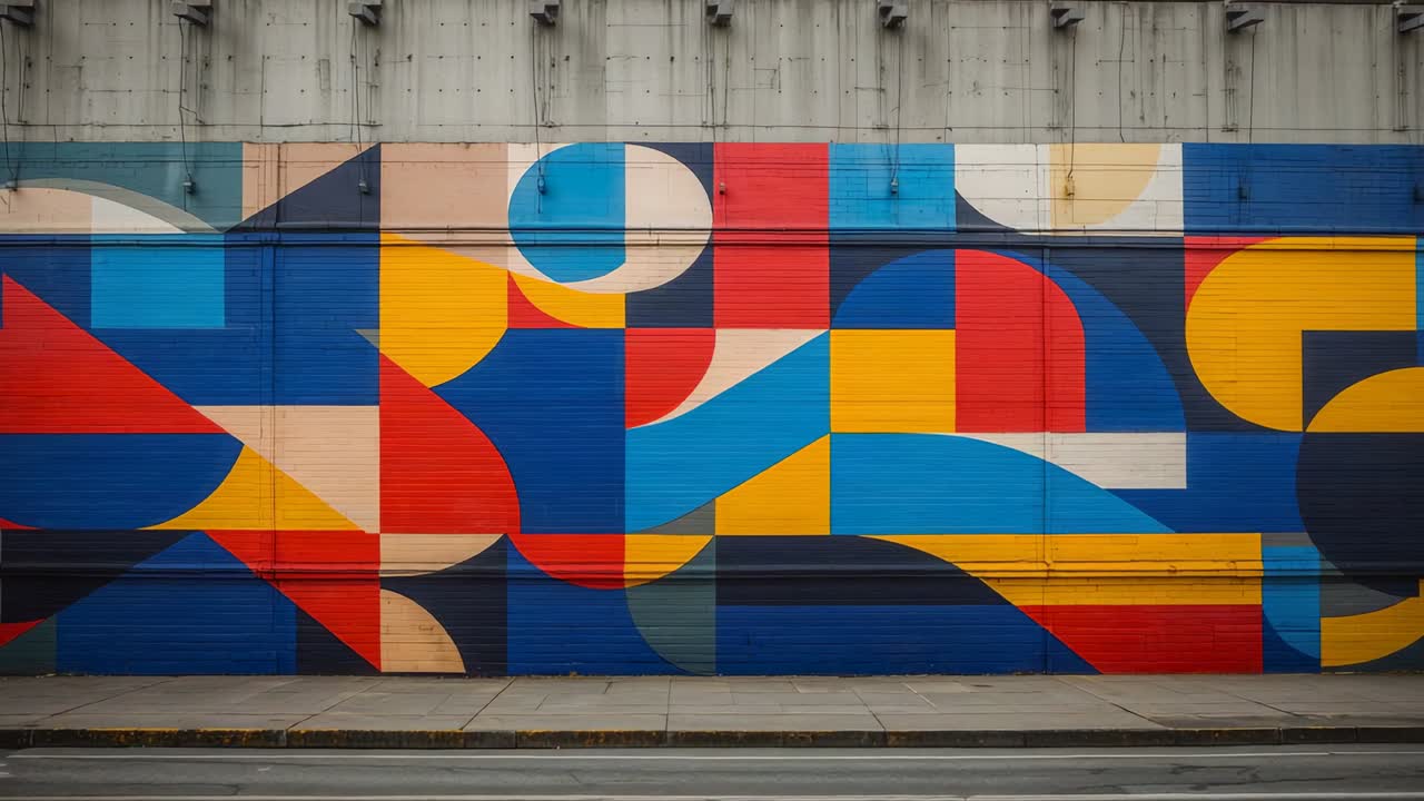 Opening footage showing colorful geometric mural covering metal wall on street, with lane markings