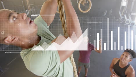 animación de datos sobre la interfaz sobre las piernas del hombre caucásico escalando cuerda, entrenamiento cruzado en el gimnasio