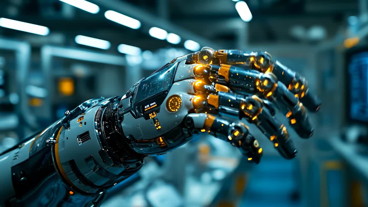 Robot hand seeks factory task. A robot hand is extending in a factory filled with machines and tools. It looks ready to assist with work or tasks