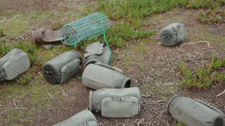 Galleggianti da pesca abbandonati e una trappola di plastica giacciono su un terreno sabbioso con vegetazione costiera.