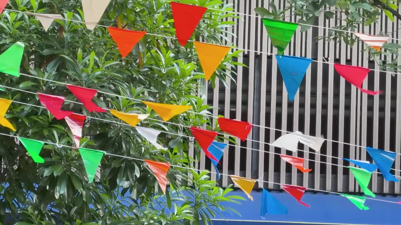 Farverige trekantede vimpler og papir origami-både svajer i snore under en udendørs festival.