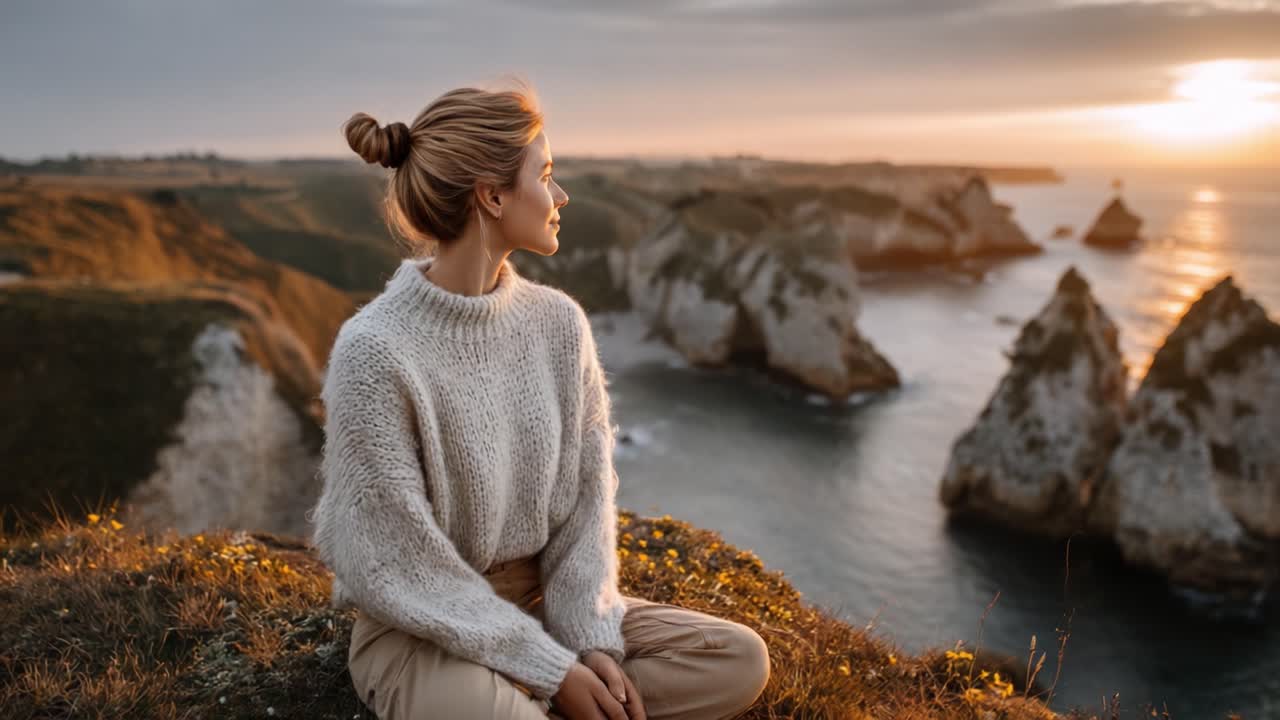 A Serene Moment by the Sea: A Woman Contemplates the Sunset Over Majestic Coastal Cliffs, Embracing Nature's Beauty and Tranquility in a Soft Sweater