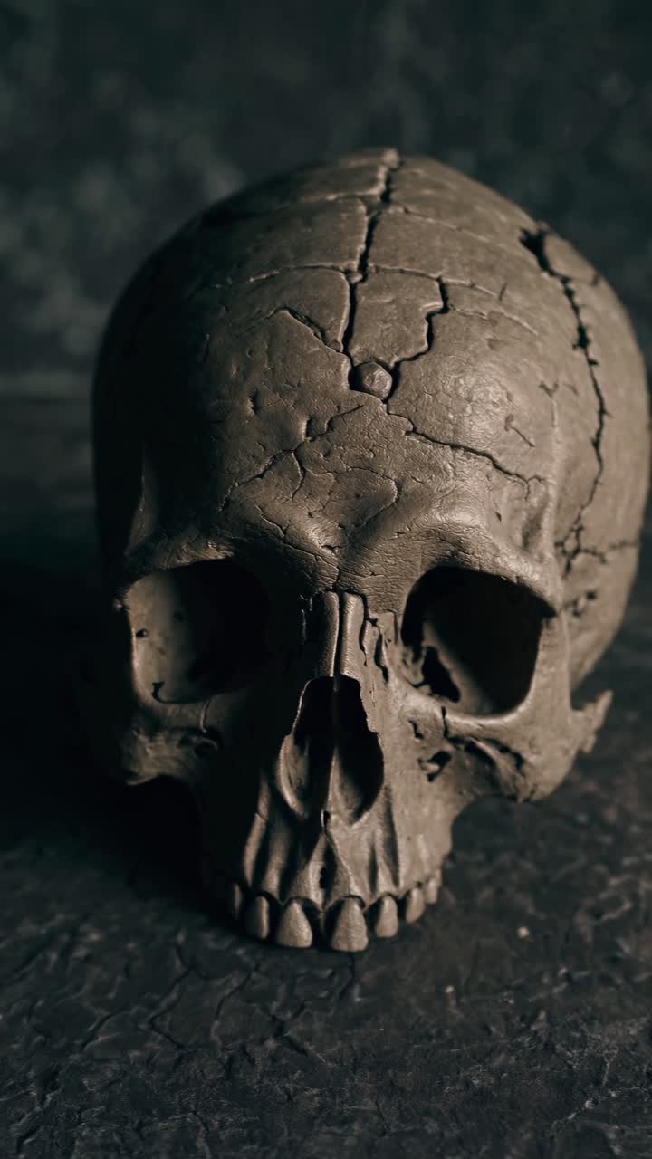 Close-up video of a weathered skull on a textured surface, shot from a low angle