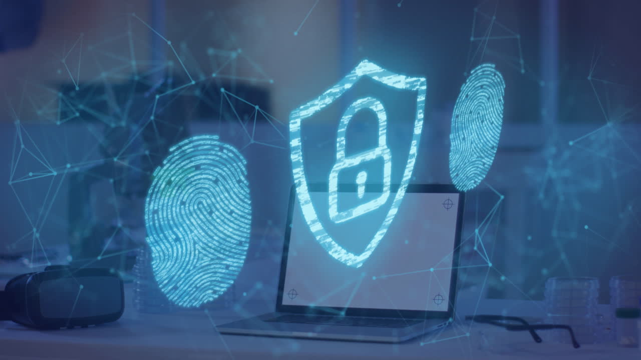 animación de huellas dactilares biométricas, candado sobre portátil con pantalla en blanco