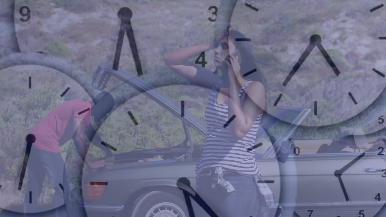 Woman calling for help over broken-down car with clock overlay animation