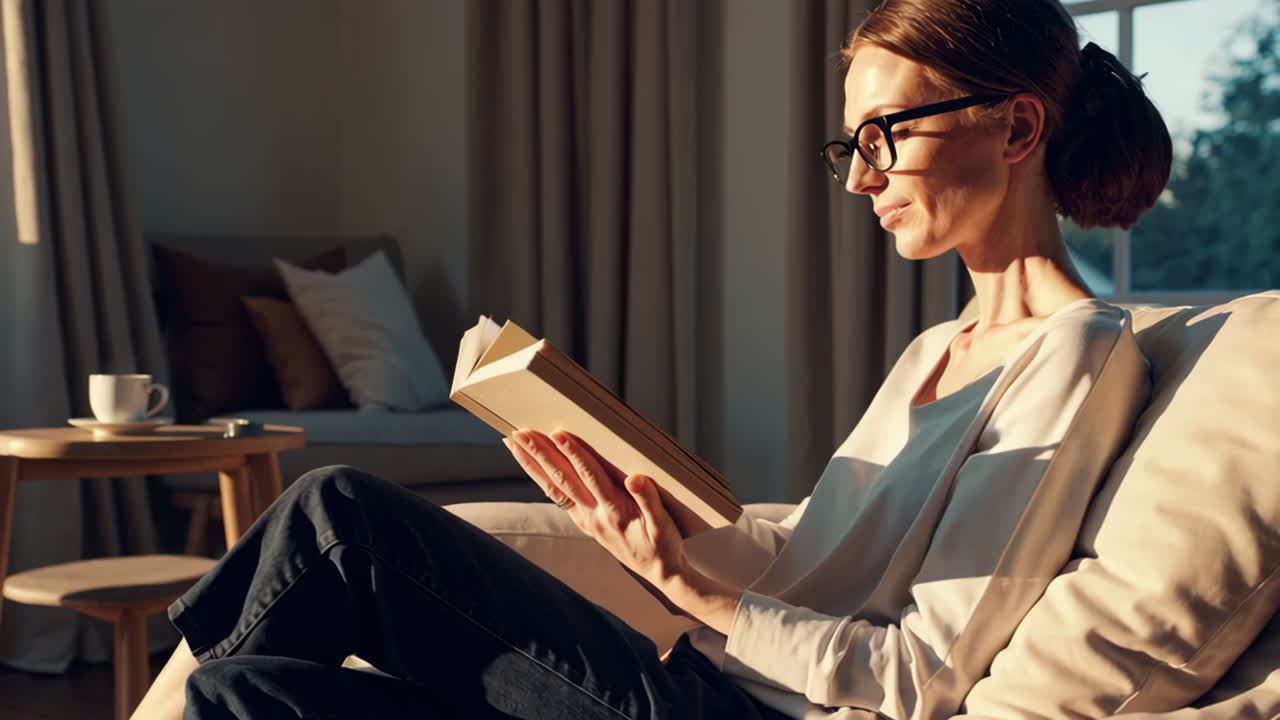 Woman Reading a Book in a Cozy Living Room