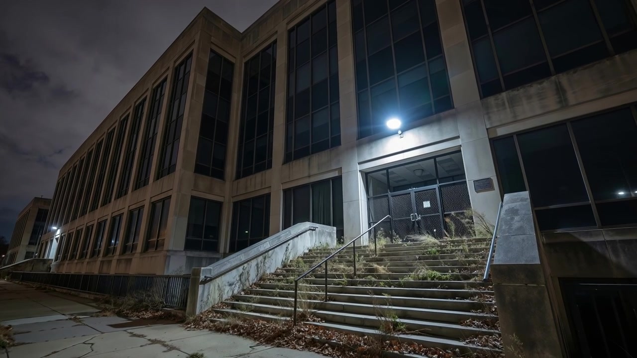 Vista dal basso di un edificio industriale abbandonato di notte con scale invase dalla vegetazione e facciata in cemento.