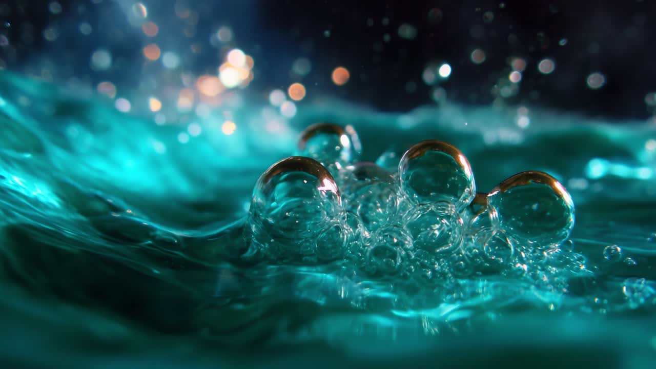 A mesmerizing exploration of water dynamics showcases the lively interaction of bubbles within a vibrant turquoise liquid, highlighting the intricate play of light and motion that defines aquatic environments