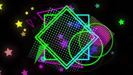 animación de formas geométricas multicolores y estrellas sobre un fondo negro