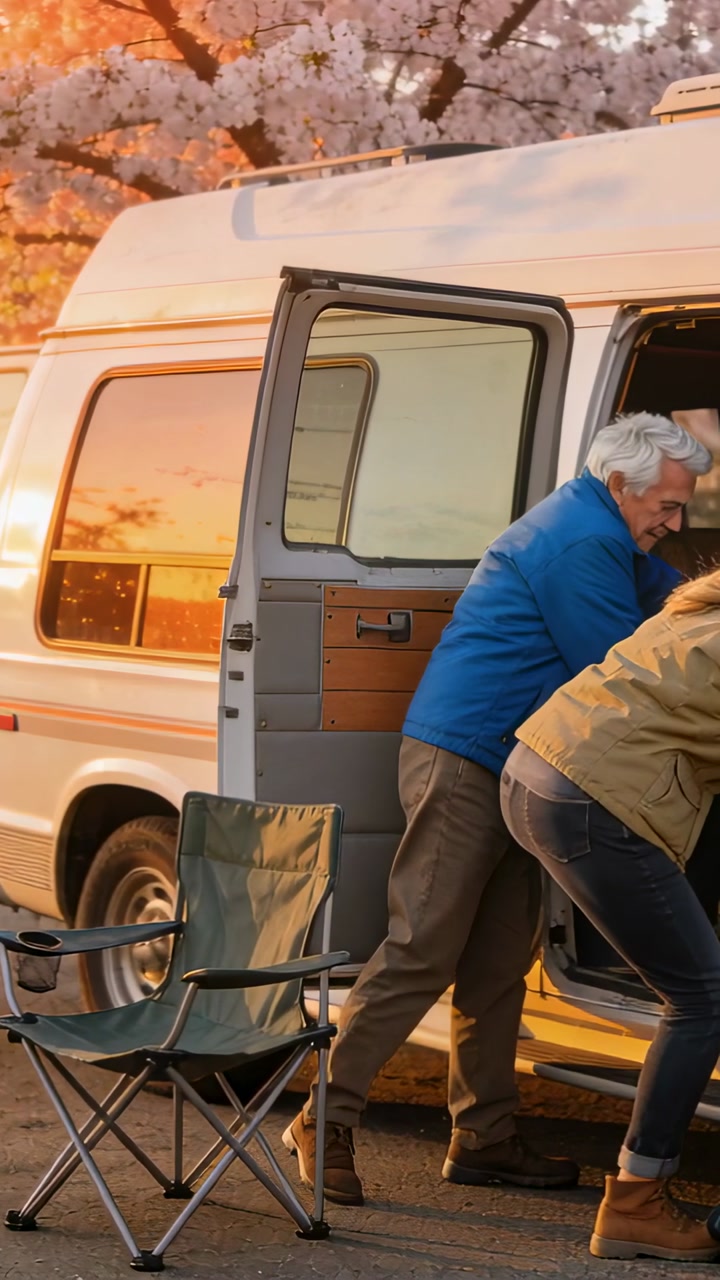 Vertical video: Door opening, blue-jacketed man stepping from van, carrying green chair for camp
