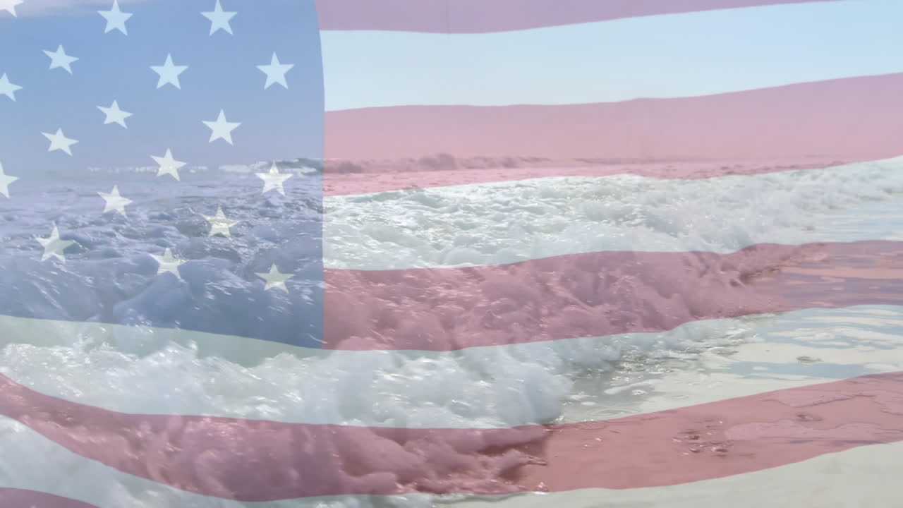 미국 국기가 바다 풍경 위에서 날아다니는 애니메이션