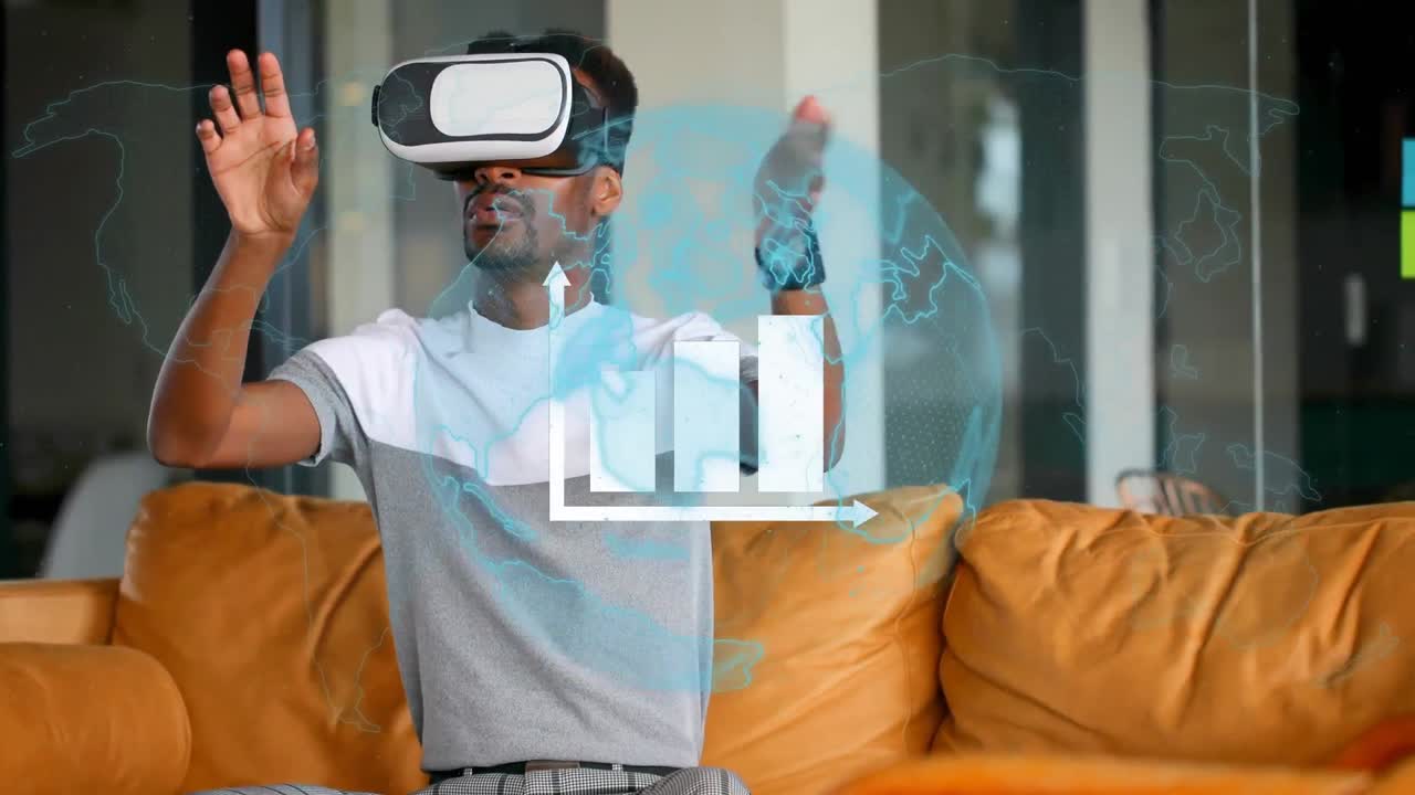 Animation of network of connection with globe and statistics over businessman wearing vr headset