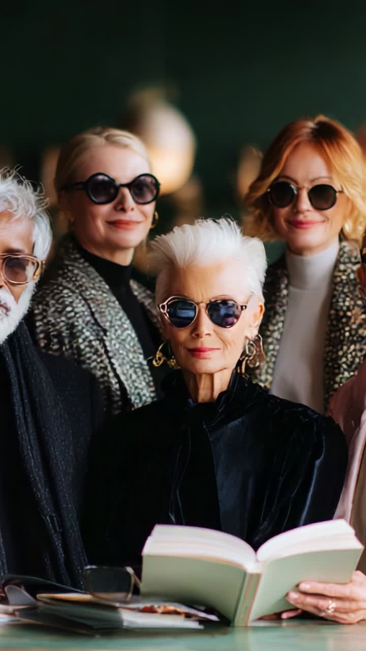 Elegant and Stylish Group of Fashionable Individuals Reading Together in a Sophisticated Atmosphere with Chic Attire and Sunglasses Embodying Modern Aesthetic Trends
