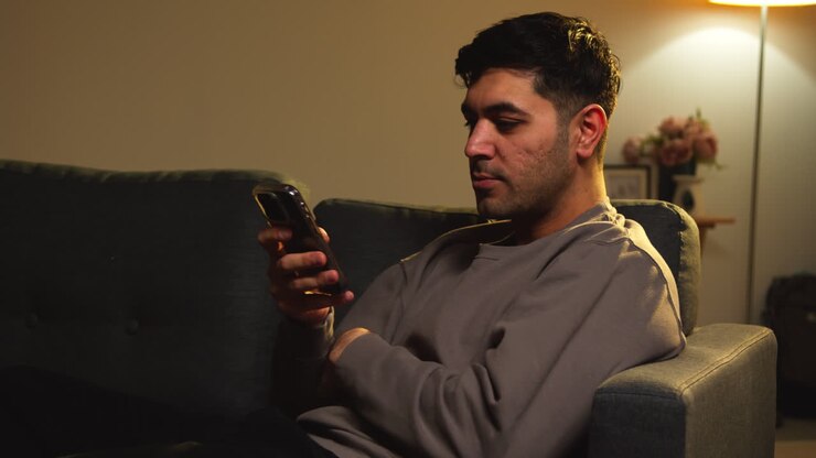 Young Man Spending Evening At Home Sitting On Sofa With Mobile Phone Scrolling Through Internet Or Social Media 10