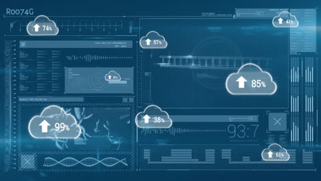 animation of cloud icons and data processing over dark background