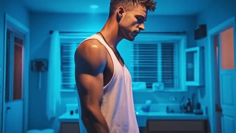 man in tank top in a blue-lit bathroom