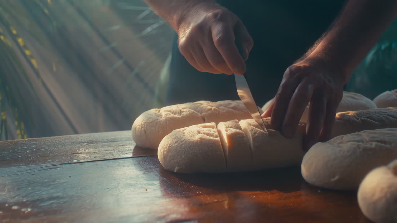 Hands Slicing Raw Bread Dough on a Wooden Table