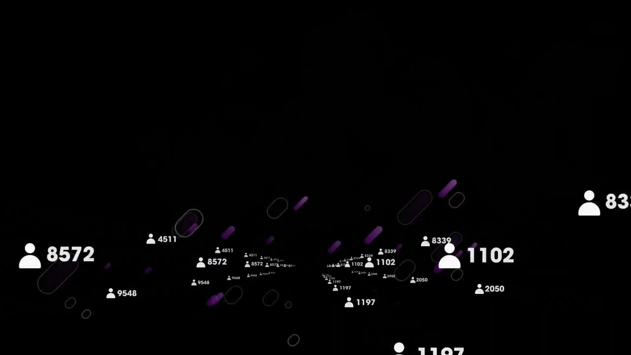 사람 아이콘 위의 보라색 빛 트레일의 애니메이션과 검은색 배경의 데이터 처리