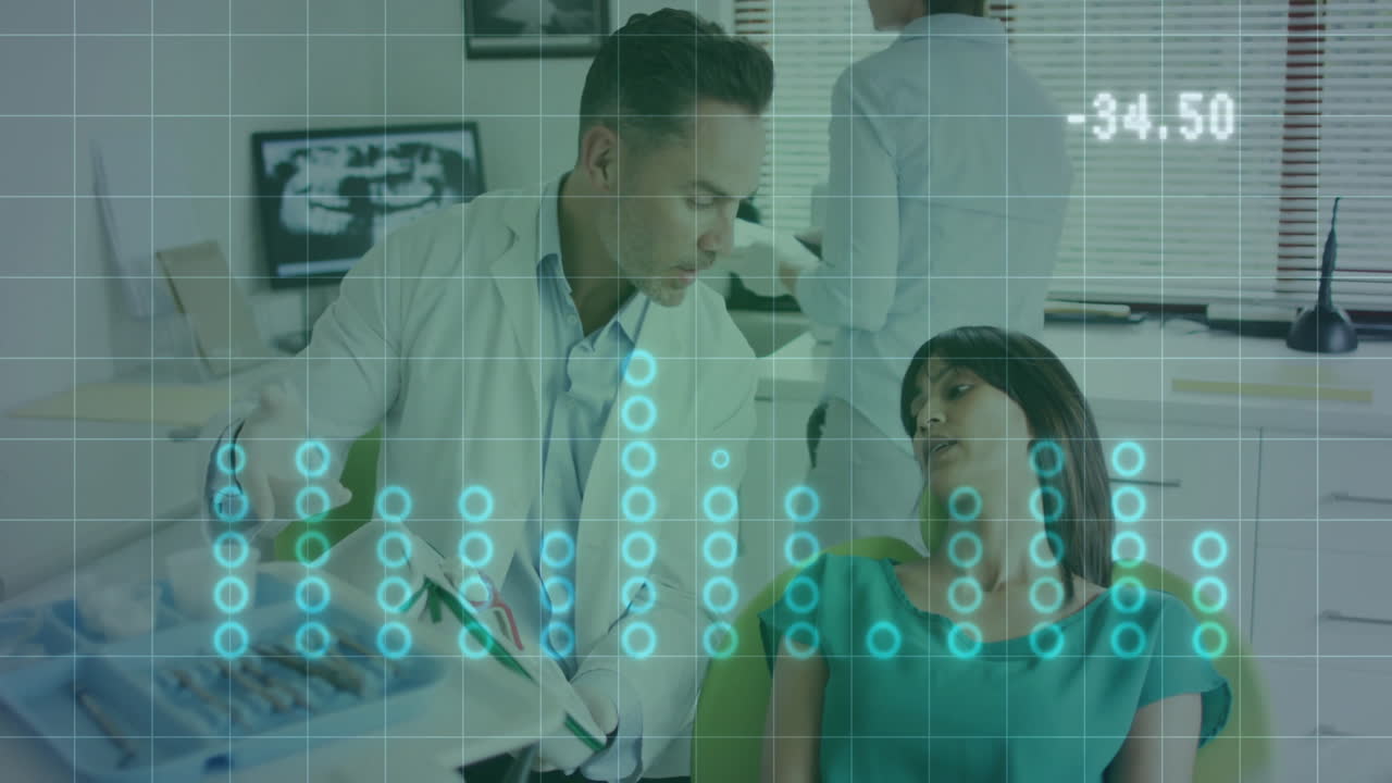 Male dentist leaning over female patient in dental clinic, showing X?ray numeric circles overlay