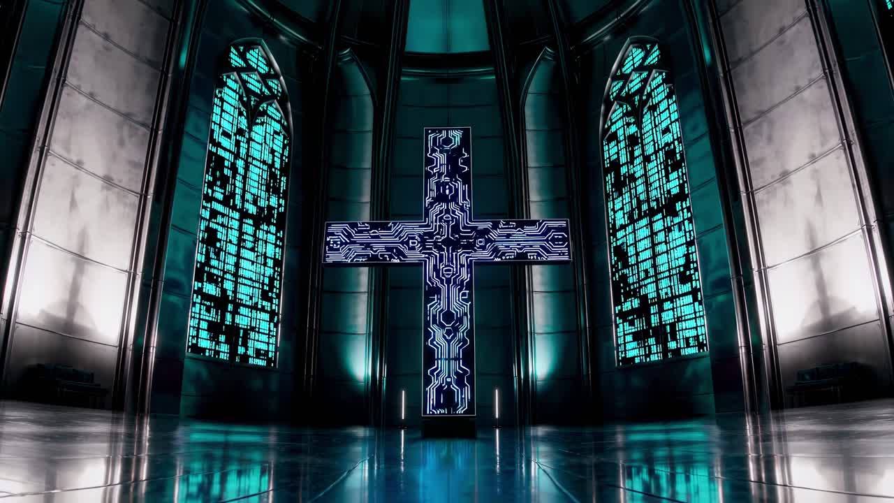 Interno di chiesa futuristico con una croce luminosa