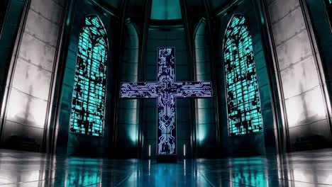 futuristic church interior with a glowing cross