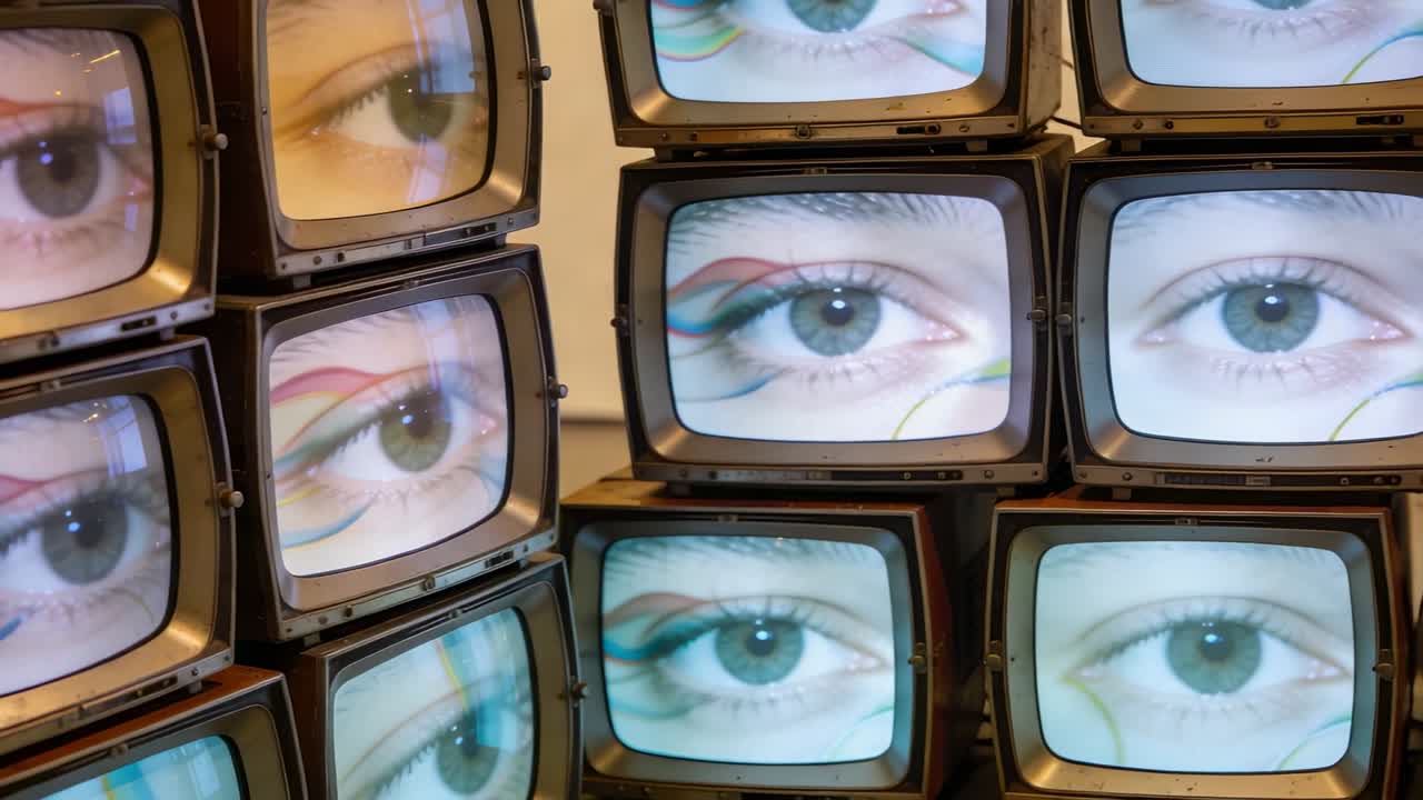 Powering on stacked CRT TVs shifting color aligning at gallery exhibit, showing eye with wavy liner