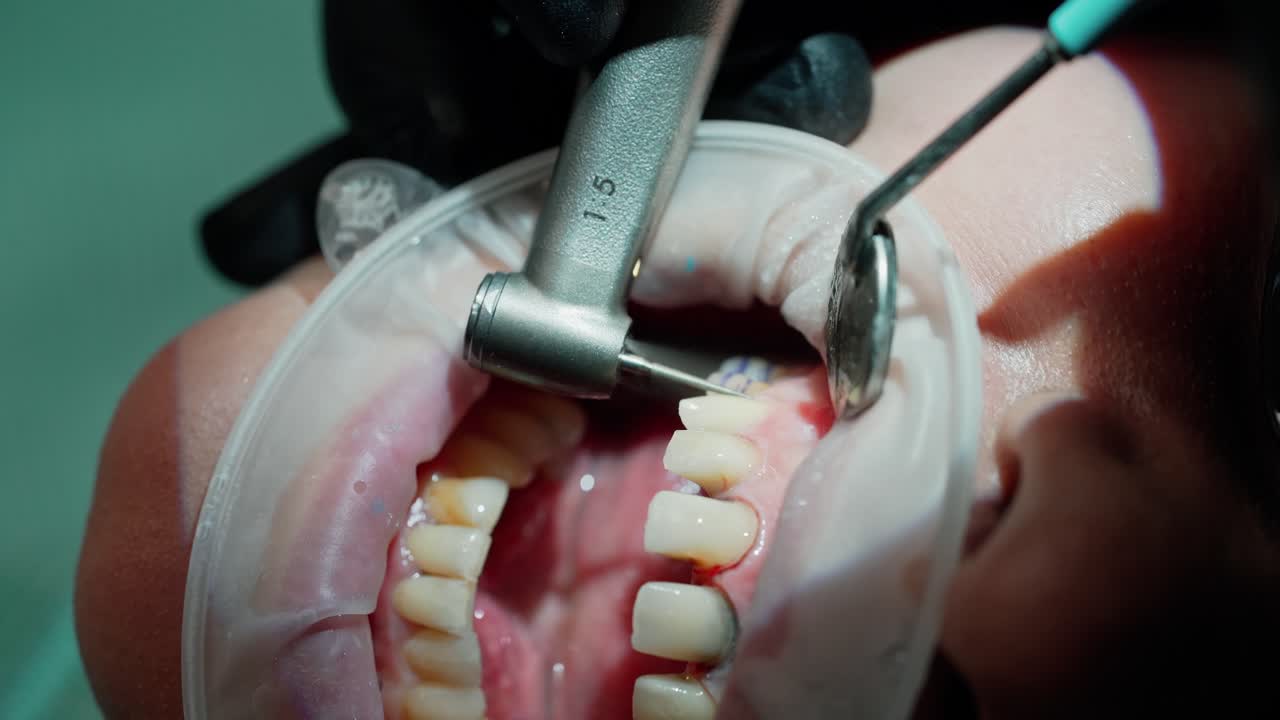 Young woman at dentist. Hands of dentist with the instrument during the operation