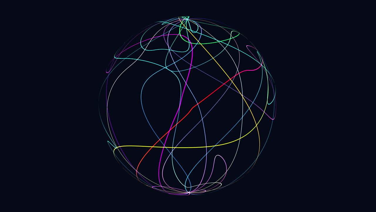 The image shows a spherical shape composed of vibrant purple, blue, and green lines rotating in various directions, forming a mesmerizing and abstract geometric pattern