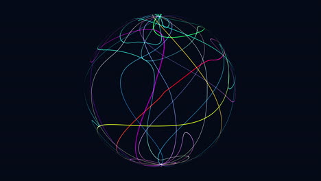 the image shows a spherical shape composed of vibrant purple, blue, and green lines rotating in various directions, forming a mesmerizing and abstract geometric pattern